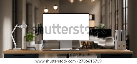 Computer blank screen display on workspace with wooden desk, lamp, stacked books, and open notebook in modern office 3D render.