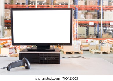 Computer With Blank Screen On Table With Blur Warehouse Cargo In Factory