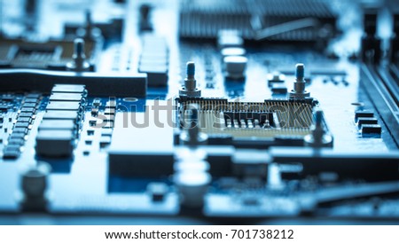 Computer board chip circuit cpu core blue technology background or texture with processors microelectronics hardware concept electronic device motherboard