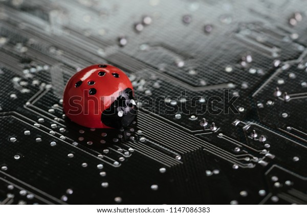 Computer bug, failure or error of software and\
hardware concept, miniature red ladybug on black computer\
motherboard PCB with soldering, programmer can debug to search for\
cause of error.