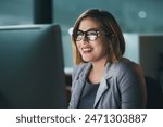 Computer, business woman and glasses in office for reading email, planning and working overtime. Professional, night and receptionist for administration, research deadline and information on desktop