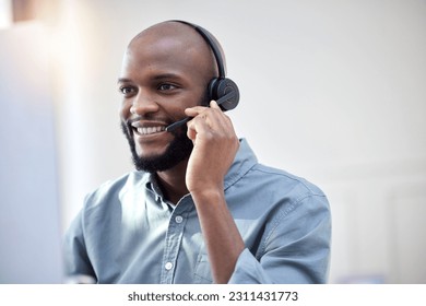 Computer, call center and business man, IT consultant or technical support agent talk, communication or advice. Helping, callcenter and solution of african person on desktop in information technology