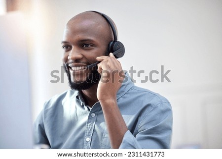 Computer, call center and business man, IT consultant or technical support agent talk, communication or advice. Helping, callcenter and solution of african person on desktop in information technology