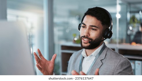 Computer, call center and man talking to customer service, crm support or contact us at help desk for inbound marketing. Communication, telemarketing and sales agent chat to client in lead generation