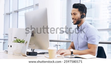 Computer, call center and man typing in office for lead generation, inbound marketing or contact us. Telemarketing, sales and happy consultant on technology for customer service, support or business