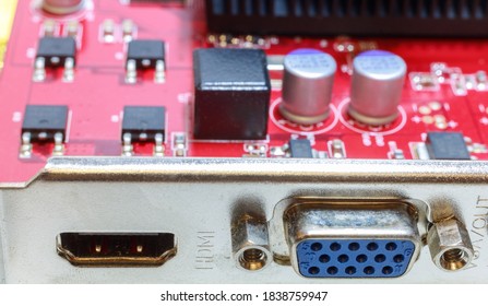Computer Chips On The red Circuit Board. Close-Up. Technological Progress Concept
