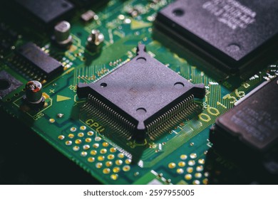 Computer circuit board closeup. CPU, central processing unit, electronic components and wiring