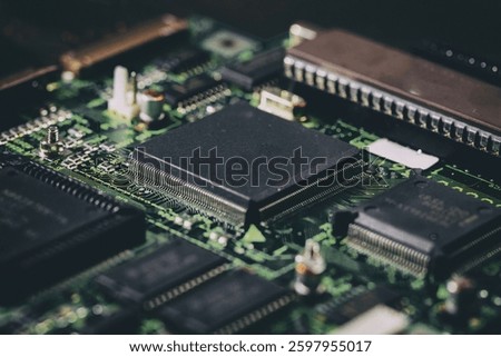 Computer circuit board closeup. CPU, central processing unit, electronic components and wiring