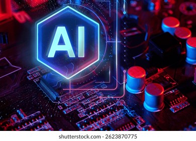 A computer circuit board close-up displays 'AI' within a glowing blue hexagon. Red and blue lights illuminate capacitors and circuitry, symbolizing technological advancement.