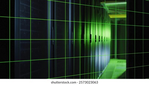 Computer code and data processing image over green and black grid background. Technology, coding, programming, digital, binary, futuristic