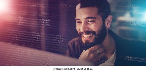 Computer code, face and happy man coding software for online network database, website or cloud computing service. App programmer, night HTML overlay and developer programming phishing cyber security