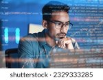 Computer, code hologram and man thinking of data analysis, night cybersecurity and software coding overlay. Programmer or person in glasses reading html script, programming or cybersecurity research