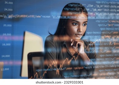 Computer, code hologram and woman thinking of data analytics, information technology or software overlay at night. Laptop, solution and IT people with algorithm, statistics and cybersecurity research - Powered by Shutterstock