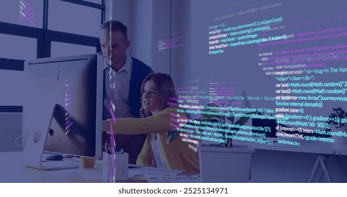 Computer code image over business people collaborating in modern office. Technology, coding, collaboration, teamwork, innovation, software