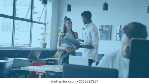 Computer code image over diverse colleagues discussing documents in modern office. Technology, teamwork, collaboration, business, innovation, coding