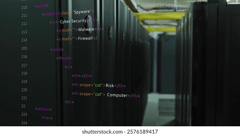 Computer code image over server racks in data center. Technology, cybersecurity, networking, servers, coding, programming