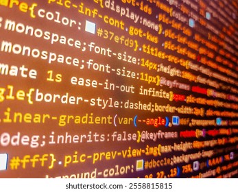 Computer code lines stream through an orange and black backdrop, representing highspeed data processing and technological prowess. Orange text. Laravel framework backend programming script.
