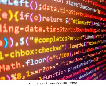 Computer code lines stream through an orange and black backdrop, representing highspeed data processing and technological prowess. Failed reading data. Computer code development.