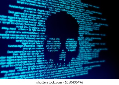 Computer code on a screen with a skull representing a computer virus / malware attack. - Shutterstock ID 1050436496