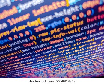 Computer code and stock graph chart on monitor screen. Javascipt with web programming. Background image. Work of software developer programmer on desktop screen closeup. Happy birthday.