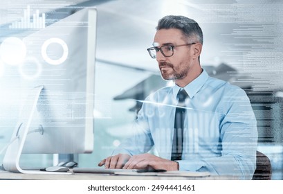 Computer, coding and businessman with overlay in office for IT, research or machine learning. Planning, work and mature programmer with tech by desk for data science, algorithm or backend development