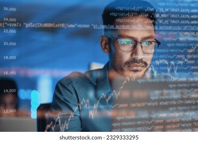 Computer, coding hologram and business man in data analysis, code html or software overlay at night. Programmer or person in glasses or screen reflection, programming stats and cybersecurity research - Powered by Shutterstock