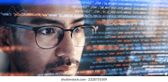 Computer, coding hologram and man in data analytics, information technology overlay or html at night. Programmer or IT person in glasses reading software script, programming or cybersecurity research