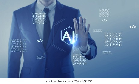 Computer coding prompt cyber security futuristic artificial intelligence in business finance, AI-powered analyze big data, showing charts and performance metrics for strategic planning.