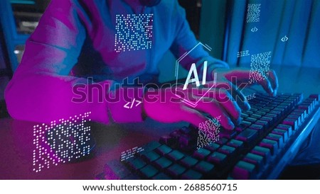 Computer coding prompt cyber security futuristic artificial intelligence in business finance, AI-powered analyze big data, showing charts and performance metrics for strategic planning.