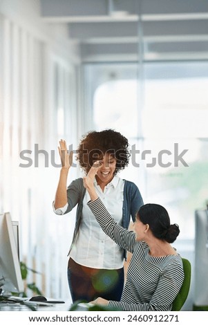 Computer, collaboration and high five for success with business people in office for bonus or support. Deal, smile and winner with employee team in workplace for celebration of goals or target