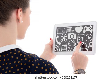 computer concept - tablet pc with multimedia applications in female hands isolated on white background