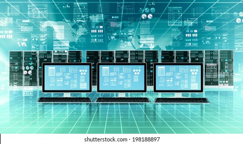 Computer Connected To Global Internet Server Network And Doing Data Processing