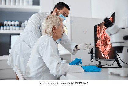 Computer, covid and science in a medical research laboratory using technology for analytics of a virus on screen. Team, teamwork and technician looking at microscopic image with expert - Powered by Shutterstock