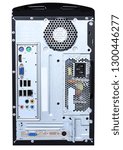 Computer cpu back connector panel showing ports, power supply and fan. Isolated on white background