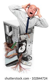 Computer Crash And Frustrated Businessman. Information Security Concept.