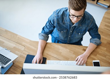 Computer, creative and planning with man in office for service designer, workflow mapping and website ui. Project management, target audience and feedback with person and above for startup.