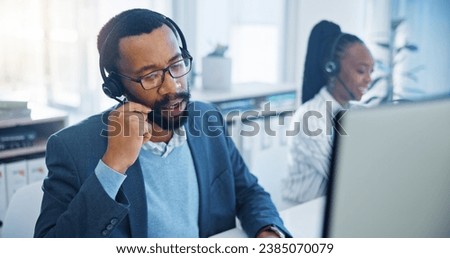 Computer, customer support and a black man consultant working in a call center for service or assistance. Contact, crm and headset communication with an employee consulting in a retail sales office