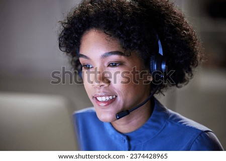 Computer, customer support face and business woman communication, contact center and reading bank account info. Loan advisory, night services and insurance agent telemarketing on online sales pitch