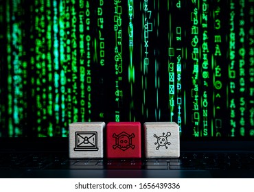 Computer Cyber Hacker Concept With Wooden Blocks And Malware, Virus And Black Hat Hacking Icons - State Sponsored Security Terrorism Warfare Attack With Lines Of Ransomware Code On Laptop Screen