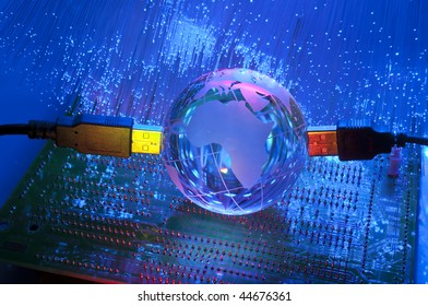 computer data concept with earth globe against fiber optic background