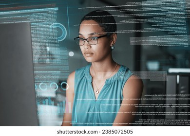 Computer data, hologram hud or woman review finance chart, stock market database or futuristic night overlay. Forex investment dashboard, web ecommerce or African trader trading NFT or bitcoin crypto - Powered by Shutterstock