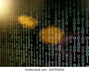 Computer data internet connection concepts. binary code numbers background on computer monitor for computer technology concepts. Private cyberspace business environment