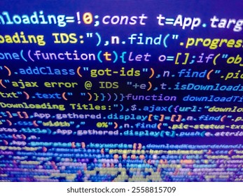 Computer data matrix. Blue unique background. Php web programming source code. Blue software developer. Assembly programming language code. Binary code. Web programming with compressed css code.