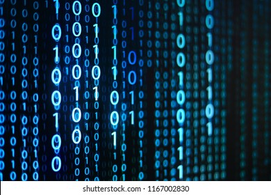 computer data matrix. vertical digital binary code moving motion downward. light up blue one and zero text flowing down. black background space with multiple layers coding.