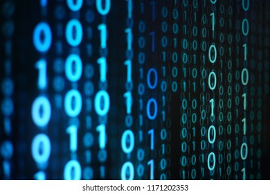 computer data matrix. vertical digital binary code moving motion downward. light up blue one and zero text flowing down. black background space with multiple layers coding.