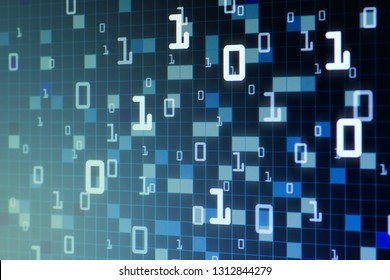 computer data matrix. vertical digital binary code moving motion downward. light up blue one and zero text flowing down. black background pixels space with multiple layers coding.