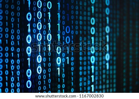 computer data matrix. vertical digital binary code moving motion downward. light up blue one and zero text flowing down. black background space with multiple layers coding.