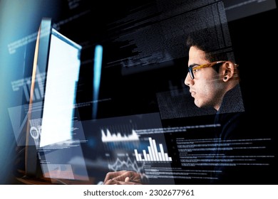 Computer, data overlay and man for digital programming, night software update or information technology. Focus, research and geek or programmer person on desktop screen or website cybersecurity - Shutterstock ID 2302677961