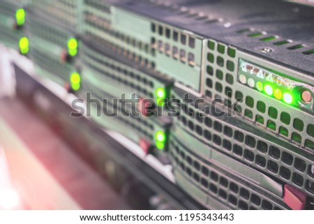 Computer database server is a close up. Cloud storage services. Hosting platform Internet provider. Selective focus