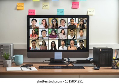 Computer Desktop With Stationery And Device Showing The Diversity People With Their Friend Via Video Conference In Online Meeting When Covid19 Pandemic,home Office And New Normal,online Dating Concept